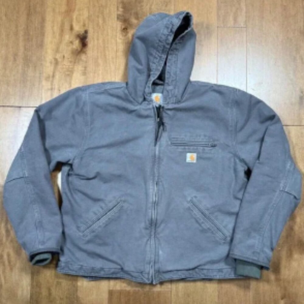 Carhartt Hooded Sherpa Lined Zip Up Jacket Grey Duck Canvas Men's Large GVL VTG